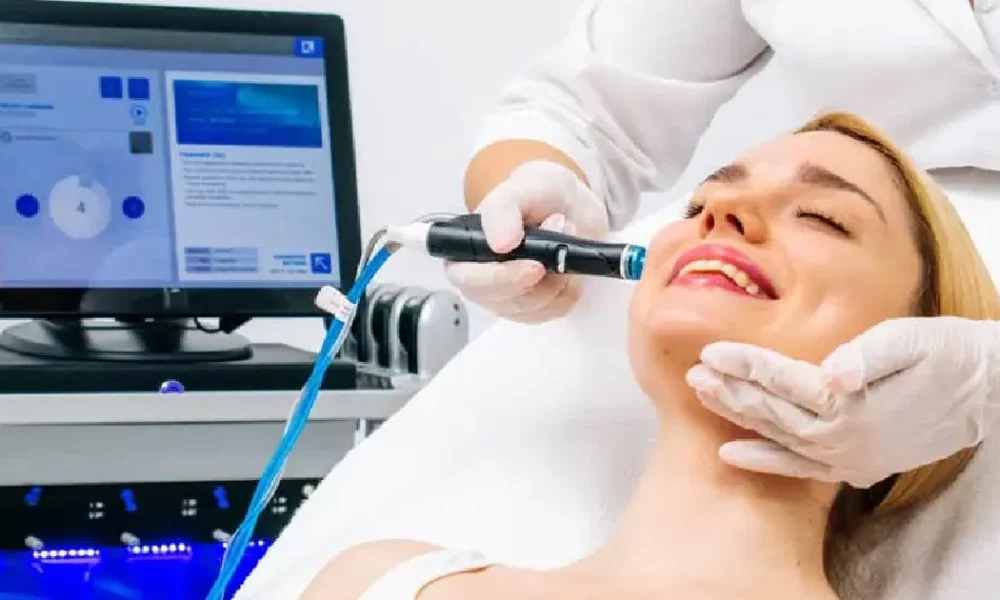 A woman receiving a Hydrafacial treatment In Westfield, IN